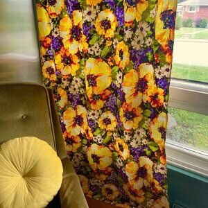 Vintage 80s pleated curtain, large yellow, green and purple flower, single panel